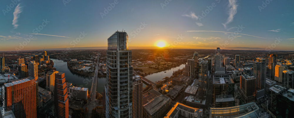The Austonian at Sunset: 180 Degree Aerial Panorama