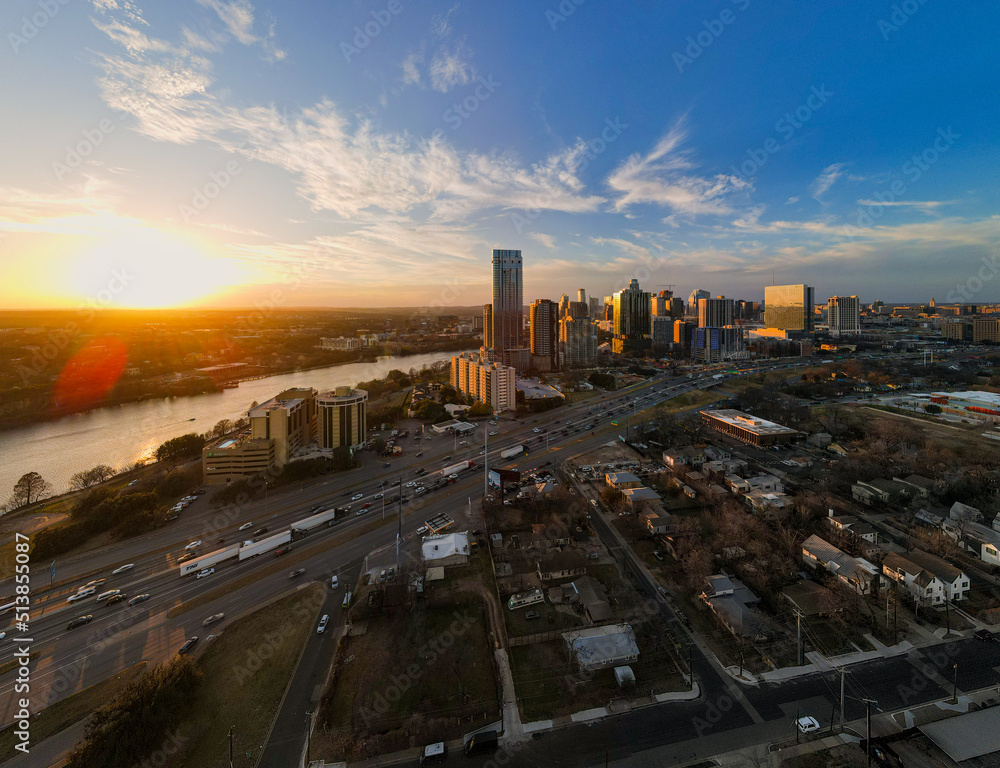 Downtown Austin from the East at Sunset: Wide Angle Aerial Panorama