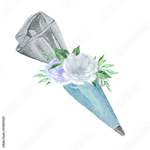 Watercolor icing bag and tip with blue pastry cream and flowers