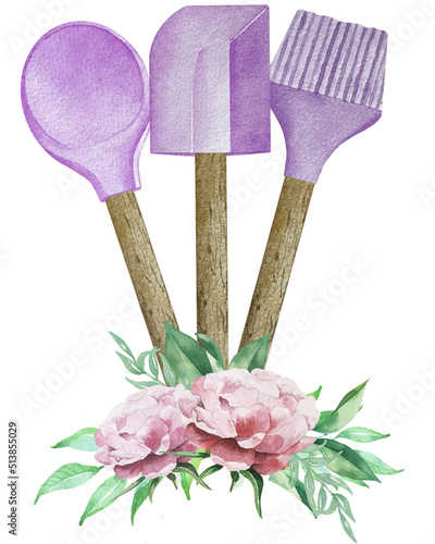 Watercolor illustration for baking logo with kitchen supplies: purple bakery spoon, brush and spatula