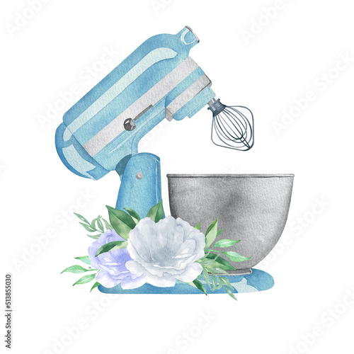 Watercolor blue pastry planetary mixer with flowers and greenery