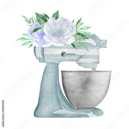 Watercolor blue pastry planetary mixer with flowers and greenery
