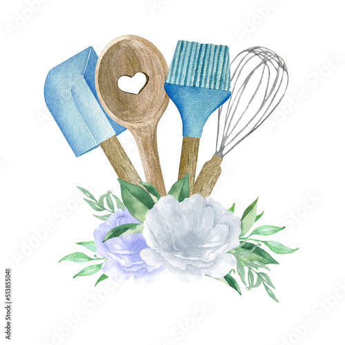 Watercolor illustration of blue bakery with whisk, spoon and spatula