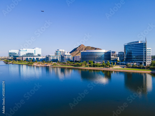 Tempe Town Lake Blue Skyline: Wide Angle Aerial Panorama