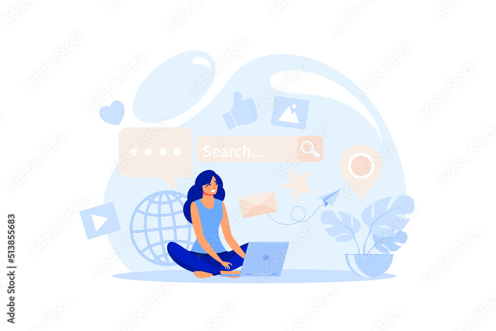 communication via the Internet, social networking,chat, video,news,messages,web site, search friends, mobile web graphics flat design modern illustration communication via the Internet, social networking,chat, video,news,messages,web site, search friends, mobile web graphics flat design modern illustration
