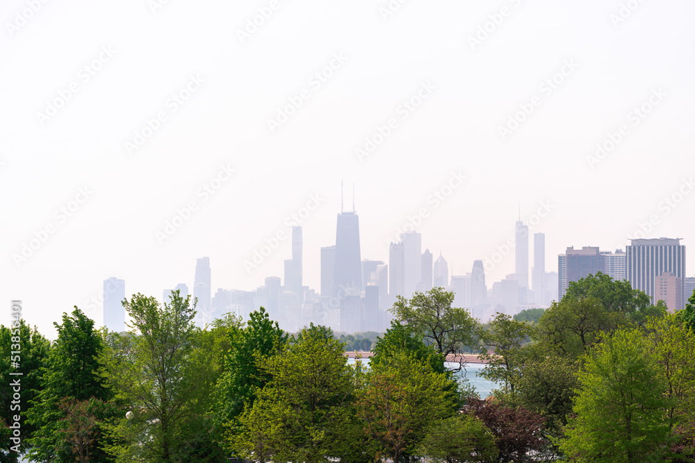 The Chicago skyline sits on a hazy white sky background in the distance on a sunny day with lush green tree tops in the foreground in spring with copy space.