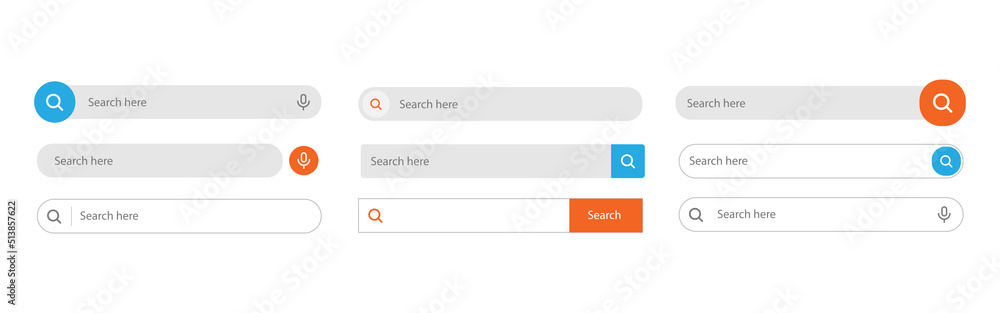 Search bar. Web UI elements for browsers with text field and search button, mobile application graphic elements collection. - obrazy, fototapety, plakaty 