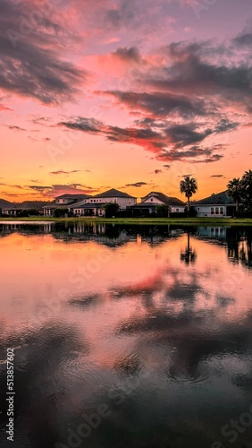 sunset over the lake with reflection 