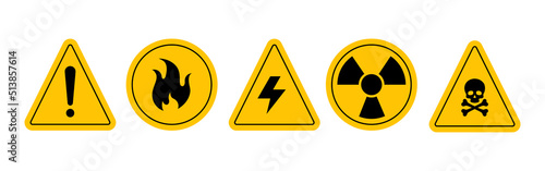 Set of hazard warning signs. Black yellow triangle warning safety and caution signs. Information security hazard vector symbol, icon. 