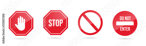 Set stop red sign icon with white hand, do not enter. Warning stop sign