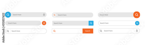 Search bar. Web UI elements for browsers with text field and search button, mobile application graphic elements collection.
