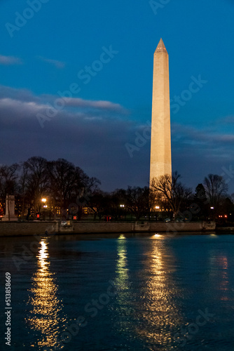 The Washington Monument reflecting at a pool at night in Washington DC.