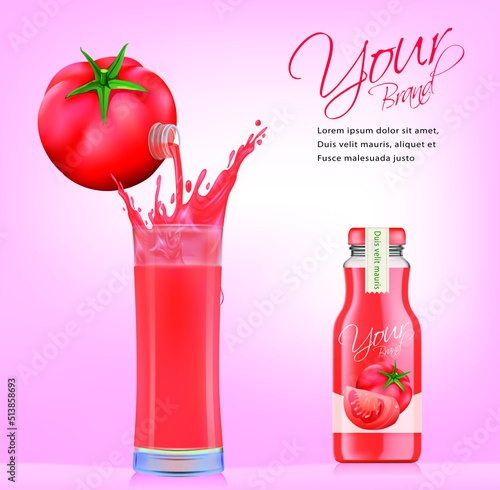 Fresh tomato juice with bottle and glass on pink background. Healthy fruit drink concept. Realistic vector illustration.
