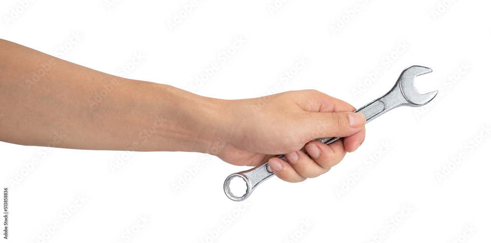 Man hand holding a spanner isolated on a white background Man hand holding a spanner isolated on a white background
