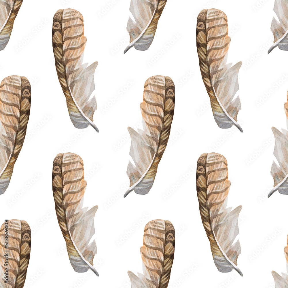 Seamless pattern watercolor brown bird owl feather with stripe on white background. Hand-drawn plume. Wildlife tropic art. Creative for sticker wallpaper wrapping textile. Celebration wedding invite Seamless pattern watercolor brown bird owl feather with stripe on white background. Hand-drawn plume. Wildlife tropic art. Creative for sticker wallpaper wrapping textile. Celebration wedding invite