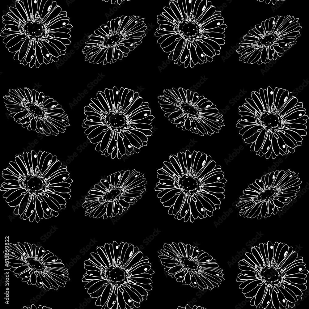 Seamless vector floral pattern with flowers of gerbera on a black background in doodle technique Seamless vector floral pattern with flowers of gerbera on a black background in doodle technique