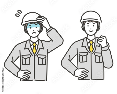 熱中症に悩む作業員のベクターイラスト素材／夏／熱中症／紫外線／建設会社
