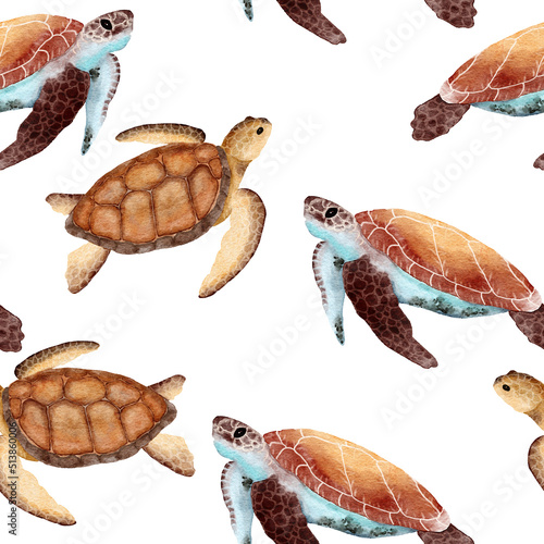 Hand drawn watercolor seamless pattern with turtle tortoise. Sea ocean marine animal, nautical underwater endangered mammal species. Blue gray illustration for fabric nursery decor, under the sea