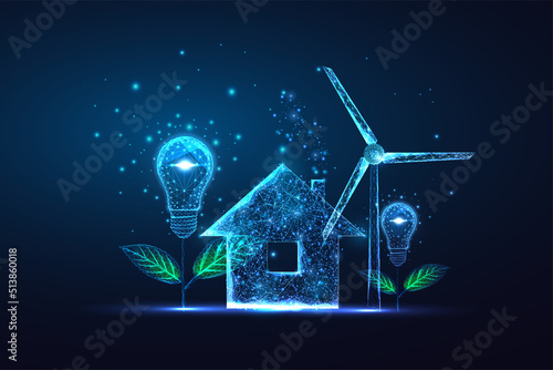 Sustainable building concept with house, wind turbine, and plant light bulbs of in futuristic style