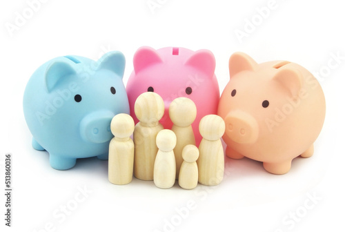 Piggy banks with family people figures. People and financial funds and savings concept. 