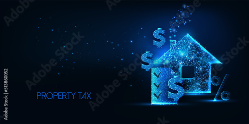 Futuristic concept of property tax with house, document, dollar and percentage symbols on dark blue