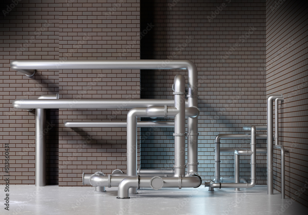Boiler room. Background with pipes near wall. Silver steel pipes