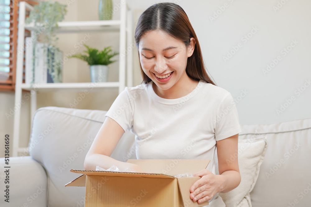 Happy excited, asian young woman, girl customer sitting on sofa at home, opening and unpacking cardboard box carton parcel after buying ordering present, shopping online, delivery service concept. Happy excited, asian young woman, girl customer sitting on sofa at home, opening and unpacking cardboard box carton parcel after buying ordering present, shopping online, delivery service concept.