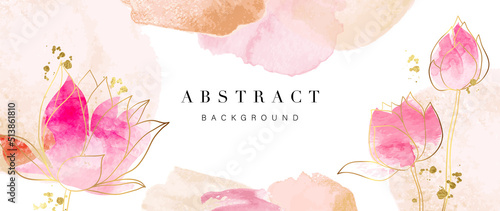 Spring floral in watercolor vector background. Luxury wallpaper design with lotus flowers, line art, golden texture. Elegant gold blossom flowers illustration suitable for fabric, prints, cover. photo