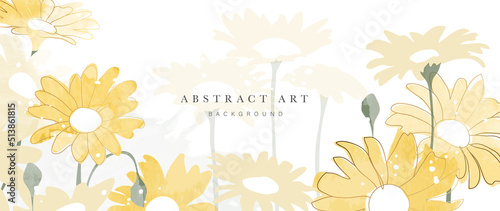 Spring floral in watercolor vector background. Luxury flower wallpaper design with yellow flowers, line art, golden texture. Elegant gold botanical illustration suitable for fabric, prints, cover.