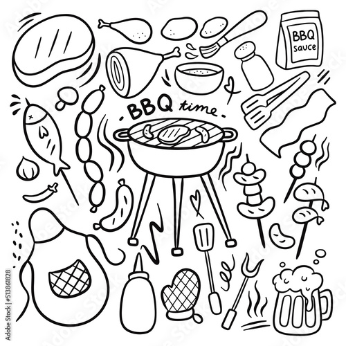 Set of Cartoon Hand Drawn Barbecue Doodle Vector Element