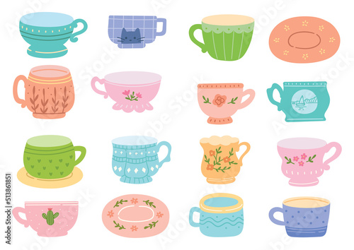 Vintage Pastel Color Tea Cup Doodles Vector Illustration