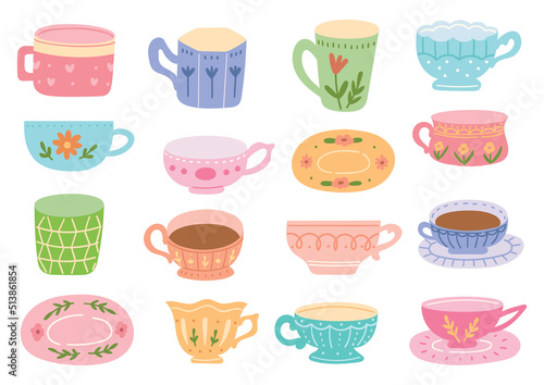 Vintage Pastel Color Tea Cup Doodles Vector Illustration