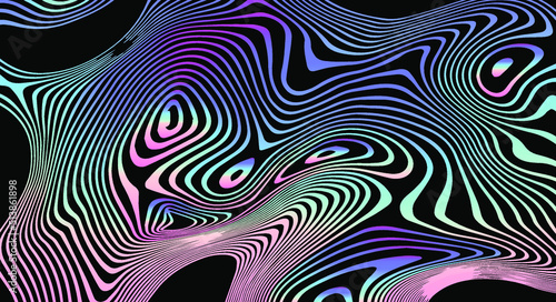 Abstract trippy background with with distorted and glitched pattern in holographic chrome colors.
