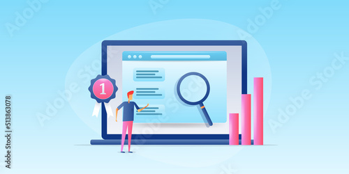 3d businessman analysing search engine ranking, website SEO optimization business marketing concept, vector illustration.