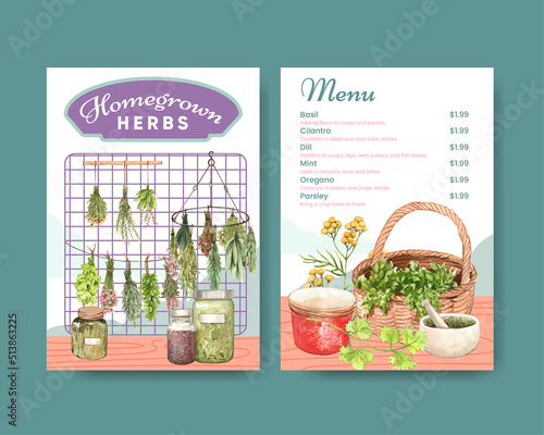 Menu template with herb homegrown concept,watercolor style