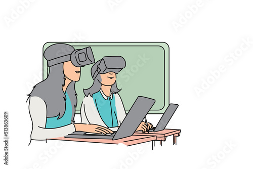 Two female students having class in VR world. Flat vector illustration design
