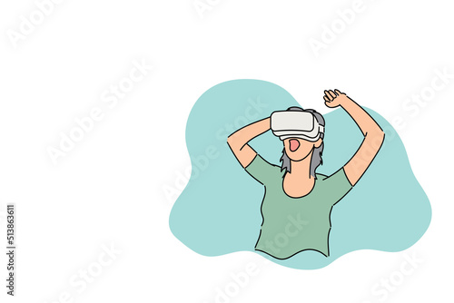 woman dumbfounded looking something gigantic in VR wolrd. Flat vector illustration design