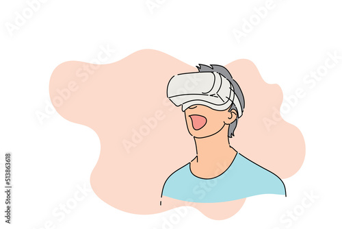 Young man amazed and dumbfounded with something in VR world. Flat vector illustration design