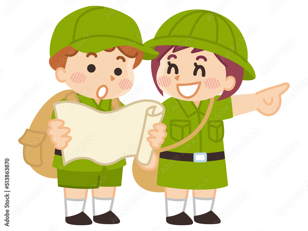 地図を覗き込む探検隊の子供　ボーイスカウト　冒険　アウトドア