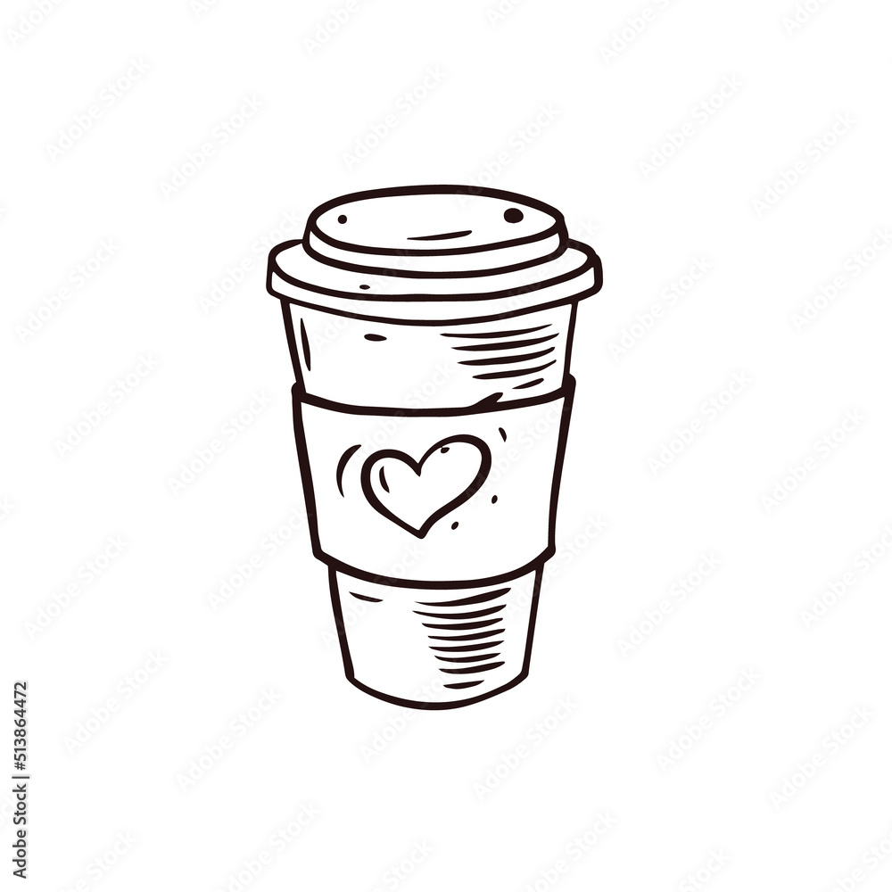 Hand drawn paper cup of coffee to go. Black color sketch style doodle icon.