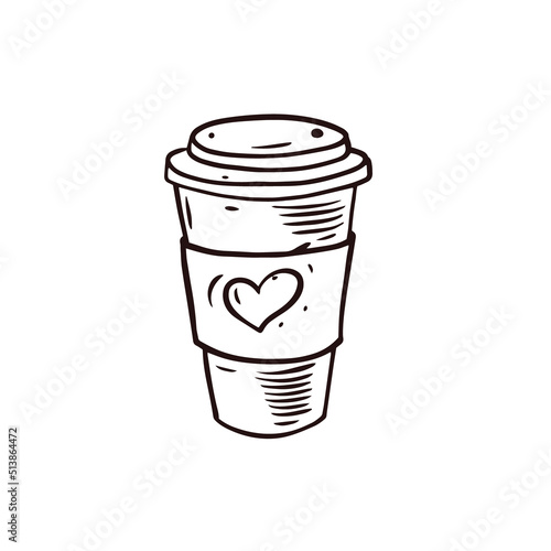Hand drawn paper cup of coffee to go. Black color sketch style doodle icon.