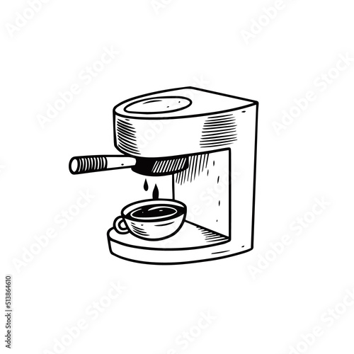 Hand drawn black color coffee machine. Vector illustration sign on symbol.