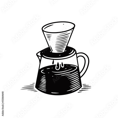 Hand drawn black color drip coffee maker. Doodle sketch style. Vector art.