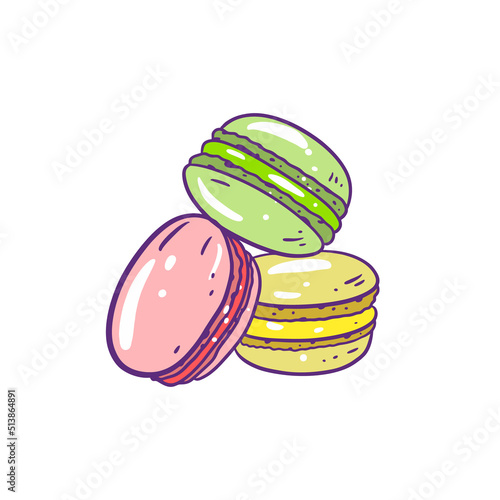 Colored macaron cookies. Hand drawn sketch vector art.