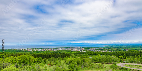 Panoramic view of Abashiri City from the Mount Tento, a Place of Scenic Beauty of Japan, in Hokkaido.