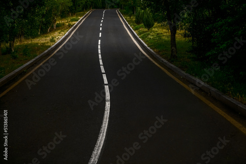 Empty countryside asphalt road. Empty road in green summer forest. Straight way and natural landscape. uphill road photo