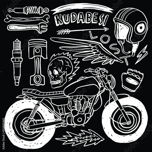 Hand drawing of skull riding vintage motorcycle. Motorcycle Club Illustration