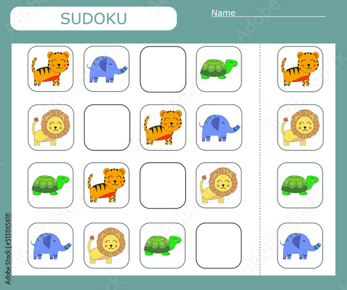 Sudoku game for children with wild animals. Kids activity sheet . 