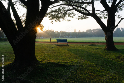 Silhouette of morning routine at nearest park in the town