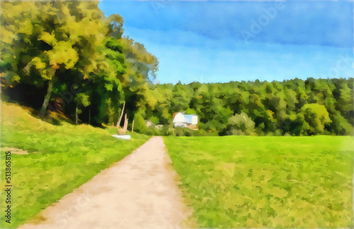 Watercolor of urban landscape, landscape park. An alley of a landscape park. Road leading to a lonely house on the edge of the forest. Digital painting - illustration. Watercolor drawing.